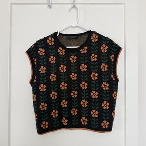 Floral Knit Sleeveless Top - Black and Orange
